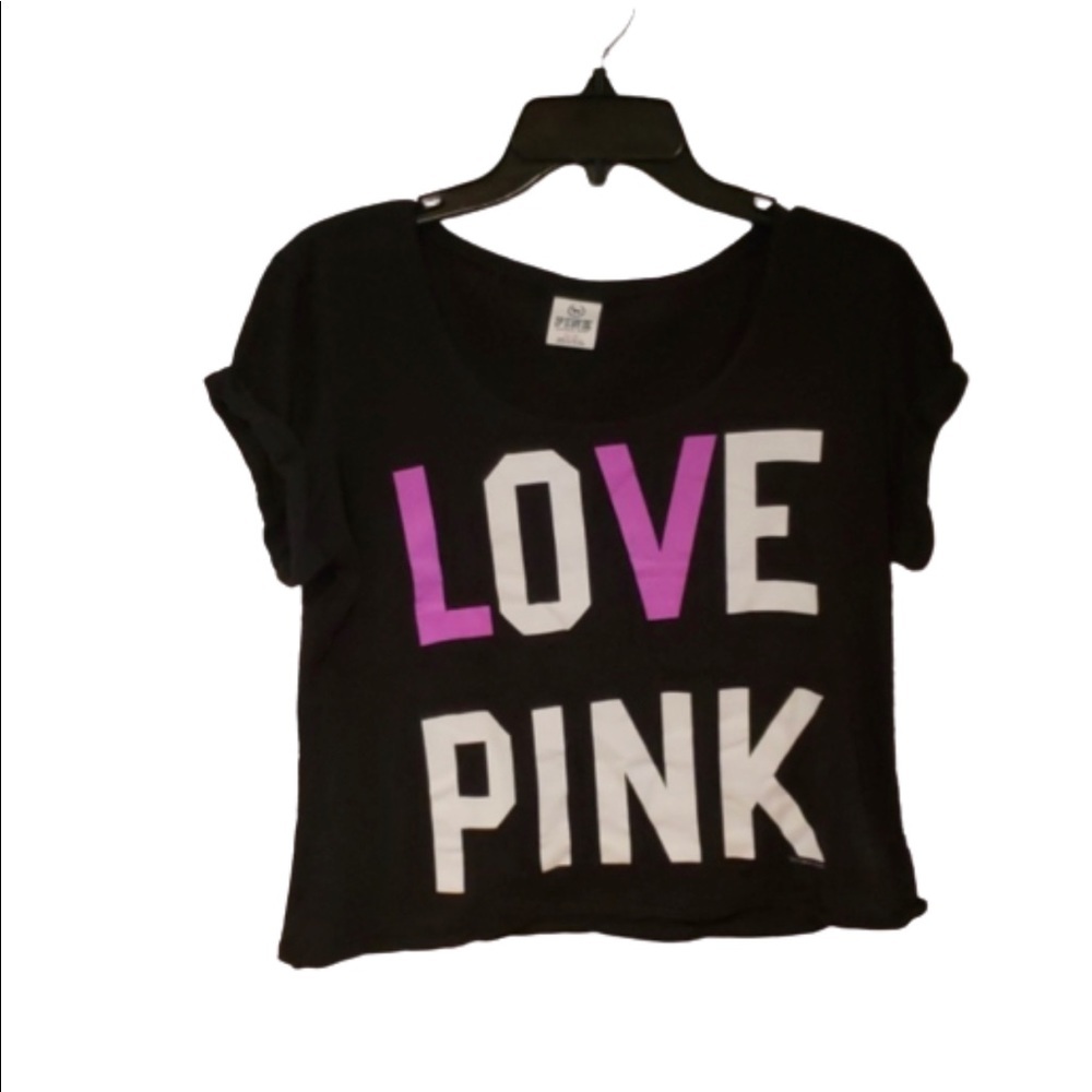 PINK Victoria's Secret Crop Top Black Tee with Purple and White Print Size Small